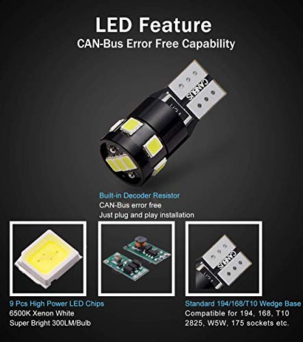 300LM Extremely Bright Canbus Error Free 194 168 2825 W5W T10 LED Bulbs 6000K Xenon White 9-SMD 2835 LED Chipsets for Dome Map Door Courtesy License Plate Lights (Pack of 4) - color: Xenon White