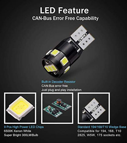 300LM Extremely Bright Canbus Error Free 194 168 2825 W5W T10 LED Bulbs 6000K Xenon White 9-SMD 2835 LED Chipsets for Dome Map Door Courtesy License Plate Lights (Pack of 4) - color: Xenon White