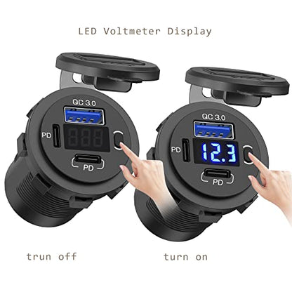 12V USB Outlet, Dual USB C Car Charger Socket & Quick Charge 3.0 Port with Voltmeter and Power Switch for Car Boat Marine Truck - color: 2PD+1QC