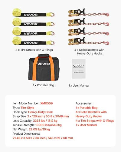 VEVOR Wheel Chock Tie-Down Kit, Tire-Style Tow Dolly Strap, Car Tie Down Kit with Heavy-Duty Hook, Break Strength 10009 lbs & Working Load 3333 lbs Motorcycle System for ATV, SUV, Snowmobiles - style: Tire-Style with Heavy Duty Hook-Yellow