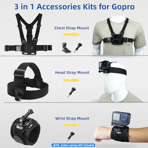 Action Camera Accessories Head Strap + Chest Mount + Wrist Strap Compatible with Gopro Hero 13/12/11/10/9/8/7/6/5/Max, AKASO EK7000/Brave 4/7 LE/V50X, DJI Osmo, VEMONT/WOLFANG/Icefox/Apexcam