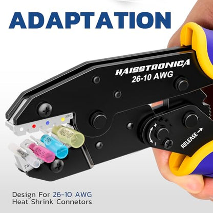 haisstronica Crimping Tool For Heat Shrink Connectors-AWG 26-10 Ratchet Wire Terminal Crimper-Ratcheting Crimper Tools-Available For Insulated Nylon Connectors and Electrical Wire Connectors HS-8327