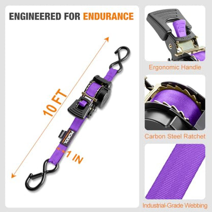Retractable Ratchet Straps (4-Pack) - 1 Inch x 10 Feet (1,764lb Break Strength) - Heavy Duty Auto Self Retracting Tie Down Straps for Truck, Cargo Trailer, Motorcycle, ATV, UTV – Purple - color: Purple