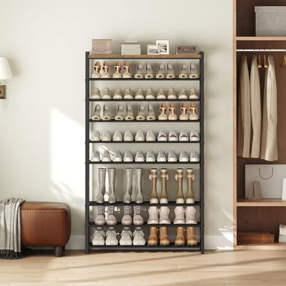 YATINEY 10-Tier Shoe Rack, 39.4" L Shoe Shelf for 45-50 Pairs of Shoes, Tall Shoe Storage Organizer with Metal Frame, Large Capacity Shoes Rack for Entryway, Closet, Rustic Brown and Black SS39BR - size: 39.4" x 11" x 68.5"