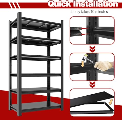 45"W Heavy Duty Shelving 6-Tier, Garage Storage Adjustable Shelf Rack, Metal Organizer Ideal for Pantry, Closet, Kitchen, Warehouse, 18 Inches Deep, Larage Storage Shelves, Black, 77.4"H - size: 6 Tier | 78" H x 45"W x 18"D