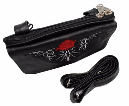 Hip Purse For Women Leather Clipon Purse for Biker Red Flower Fanny Pack Waist Pack Motorcycle Leg Bag Leather Belt Pouch Crossbody Belt - color: Red Flower