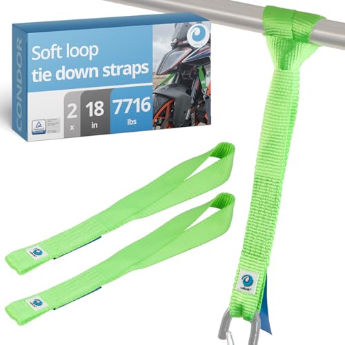valonic Condor - Soft Loop tie Down Straps Heavy Duty - 2 Pack, 7716lbs, 1.4" x 18", Double Stitched, Green - for Motorcycle Handlebar