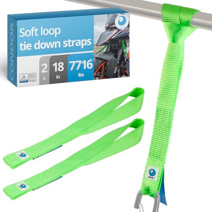 valonic Condor - Soft Loop tie Down Straps Heavy Duty - 2 Pack, 7716lbs, 1.4" x 18", Double Stitched, Green - for Motorcycle Handlebar