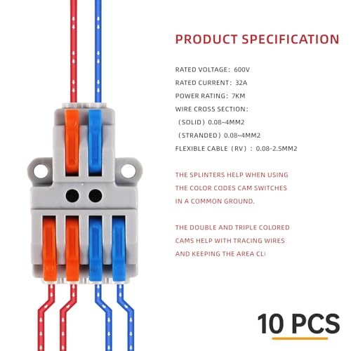 DIANN 10pcs Lever Wire Connectors 2 in 4 Out Quick Wiring Cable Connector 28-12 AWG Push-in Conductor Terminal Block - style: 2 in 4 out