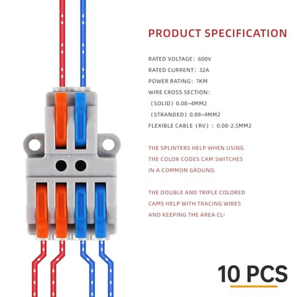 DIANN 10pcs Lever Wire Connectors 2 in 4 Out Quick Wiring Cable Connector 28-12 AWG Push-in Conductor Terminal Block - style: 2 in 4 out