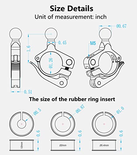 BRCOVAN 17mm Ball Handlebar Clamp Mount Base, Fit for Round Rails 0.5'' / 0.875'' / 1'' / 1.125'' / 1.26'' in Diameter, Tool-Free Installation