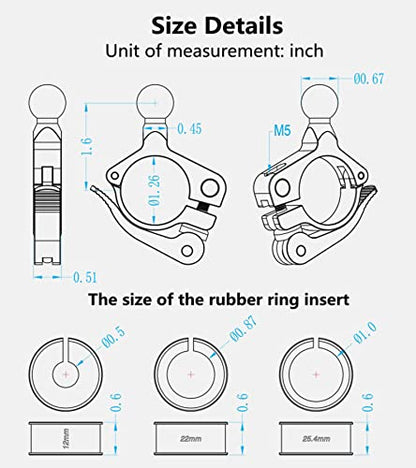 BRCOVAN 17mm Ball Handlebar Clamp Mount Base, Fit for Round Rails 0.5'' / 0.875'' / 1'' / 1.125'' / 1.26'' in Diameter, Tool-Free Installation