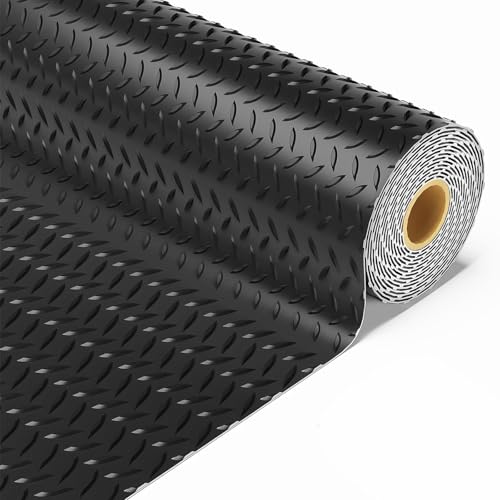 4x8 FT Garage Floor Mat, Upgraded 3.6mm Extra Thick Heavy Duty Flooring Roll for Under Car, Golf Cart Mat, Diamond Plate Rubber Motorcycle Mat, Non-Slip Floor Protector for Garage, Black - color: Black, size: 4x8FT