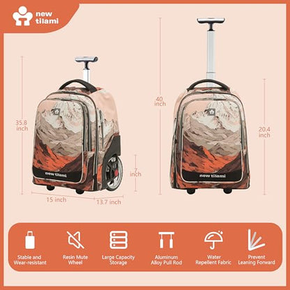 NEW TILAMI 20" Rolling Backpack for Teens Adults, Climbing Stairs Waterproof Backpack with Wheels for School Business Trave Camping with Laptop Compartment, Fit 17 Inch Laptop, Pcturesque Mountain - color: Pcturesque Mountain