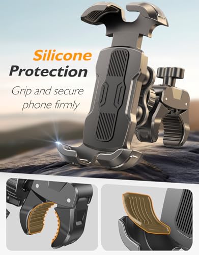 Bike Phone Holder, [Vibration Damper] [Tool-Free] Motorcycle Phone Mount, [Silicone Cushion] Handlebar Mount with Security Lock Compatible with iPhone, Samsung and 4.7-6.9'' Devices - style: Shock-Absorption Mount
