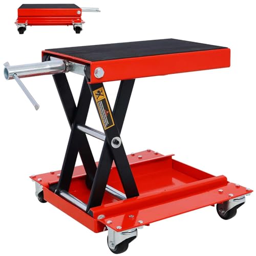 1100 LBS Motorcycle Lift Jack with Dolly & Wide Deck, Heavy-Duty Scissor Lift Stand for Street Bikes, Cruisers, Touring Motorcycles, ATVs, UTVs & Dirt Bikes – Portable Bike Hoist with Steel Sleeve