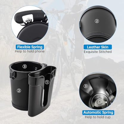3-in-1 Bike Cup Holder with Cell Phone Keys Hook -Universal Water Bottle Holder for Walker/Wheelchair/Stroller/Scooter, Fits 0.87" Round Handlebar and 2.7" Cup Base,Black - color: black