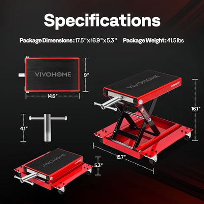 VIVOHOME 1100 Lbs Motorcycle Lift Jack, Steel Wide Deck ATV Scissor Lift with Dolly Wheels & Hand Crank, Bike Garage Repair Hoist Stand for Maintenance, Red - color: Red + Black