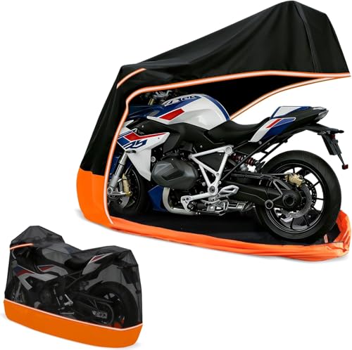 Full Enclosed Motorcycle Cover - Waterproof for Outdoor & Indoor Storage, Heavy 600D Duty with Reflective Strips, Fits Scooters & Touring Motorcycles up to Length86.6" x 45" x 53"Black&Orange - size: 86.6"L-45"W-53"H