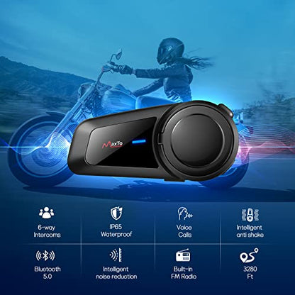 MAXTO Motorcycle Bluetooth Headset M2,Motorbike Helmet Bluetooth 5.0 Headset 6-Way 3280Ft Intercom Communication System with IP65 Waterproof CVC Noise Cancellation Stereo Music FM for All Helmets - size: 1 Pack
