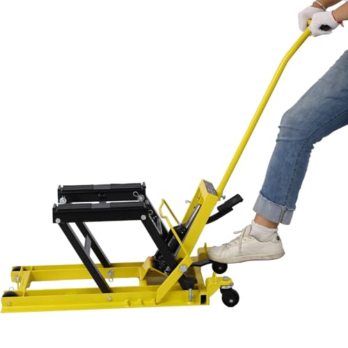 Hydraulic Motorcycle Lift Jack - 1500 Lbs Capacity, Portable ATV Scissor Lift Table with 4 Wheels, Foot-Operated Hoist Stand with Tie-Down, Yellow - color: Yellow