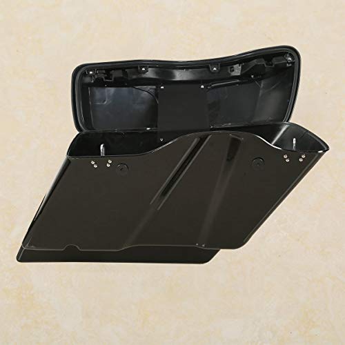 XMT-MOTO 5 inch Extended Stretched Hard Saddlebags w/Latch Keys Fit for Harley Touring Models FLT FLHT FLHTCU FLHRC Road King Road Glide Street Glide Electra Glide Ultra-Classic 2014-LATER - color: Gloss Black/black Latches, size: Stretched