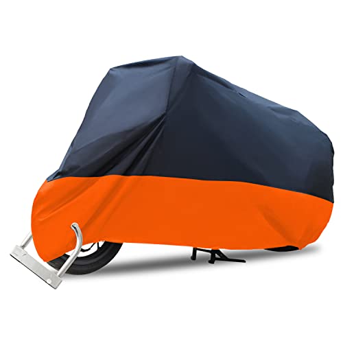 104" Motorcycle Cover – All Season Waterproof Outdoor Protection Fit for Tour Bikes Choppers Cruisers – Protect Against Dust, Debris, Rain and Weather(XXL,Black& Orange) - color: Black-Orange, size: XX-Large(104"*41*49inch)