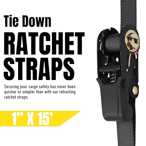 Stay There Ratchet Tie Down Straps 1'' x15', Ratchet Straps with S Hook - 1760lb Break Strength for Securing Motorcycle, Kayak, Truck with Rubber Handles, A Sturdy Bonus Bag & 4 Soft Loops Included - color: Black