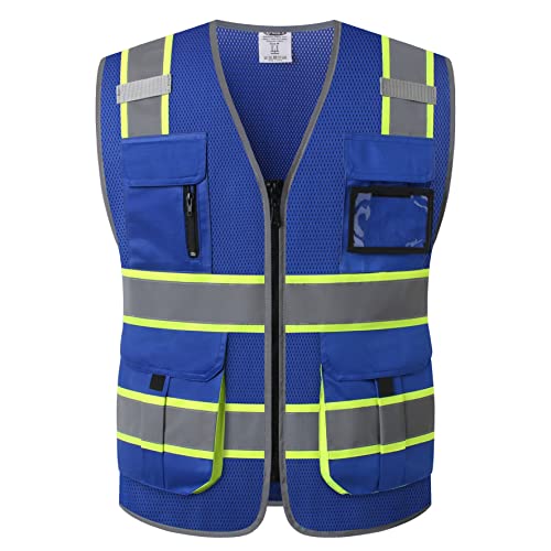 JKSafety 9 Pockets Hi-Vis Mesh Safety Vest for men and women | Chaleco reflectante de seguridad | Zipper Front | Multiple Pockets | Class 1 (140-Blue XL) - color: Jk140-blue, size: X-Large