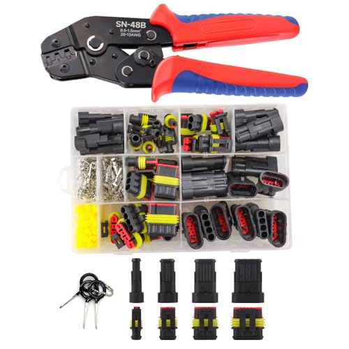 26 Sets 355Pcs Automotive Waterproof Wire Connectors with SN-48B Crimping Tool - Male/Female 1/2/3/4/ Pin - for Cars, Motorcycles & Boats - 22-16 AWG - size: 355PCS Connectors+Crimper
