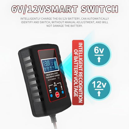 zipelo Car Battery Charger, 6V 12V Automatic Smart Trickle Battery Charger, Intelligent Pulse Repair Charger with ASE Adapter Cable, Battery Desulfator for Motorcycle Lawn Mower Marine