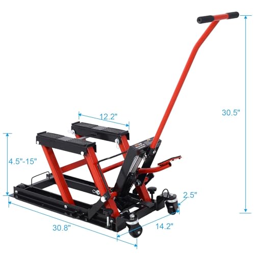 Hydraulic Motorcycle Lift Jack - 1500 Lbs Capacity, Portable ATV Scissor Lift Table with 4 Wheels, Foot-Operated Hoist Stand with Tie-Down, Black - color: Black