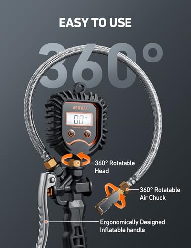 AstroAI Digital Tire Pressure Gauge, Heavy Duty Tire Inflator Gauge 250PSI Air Chuck Compressor Accessories with Stainless Braided Hose, Rotatable Dial&Quick Connect Coupler for Truck/RV/SUV