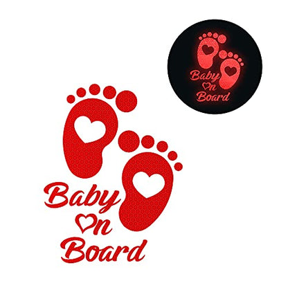 High Intensity Reflective Baby on Board Car Sticker Waterproof Cute Footprint Baby in Car Decal Safety Warning Sign Kids on Board Decal for Car Bumper Window (Red) - color: Red