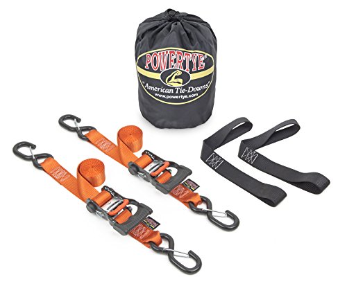 PowerTye 1.5in x 6ft Ergonomic Ratchet Tie-Down Kit w/Latching Hooks, Soft-Tyes, and Storage Bag - Made in USA - 1,000 lb. WLL / 3,000 lb. Breaking Strength - Orange (Kit) - color: Orange