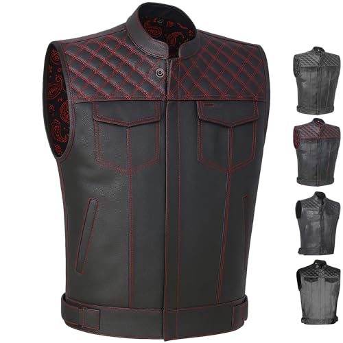 Jackets 4 Bikes SOA Men's Motorcycle Vest, Geniune Buffalo Leather, Back Armor, Inside Pockets, Motorbike Riding Club Vests Paisley Red M - color: Paisleyred, size: Medium