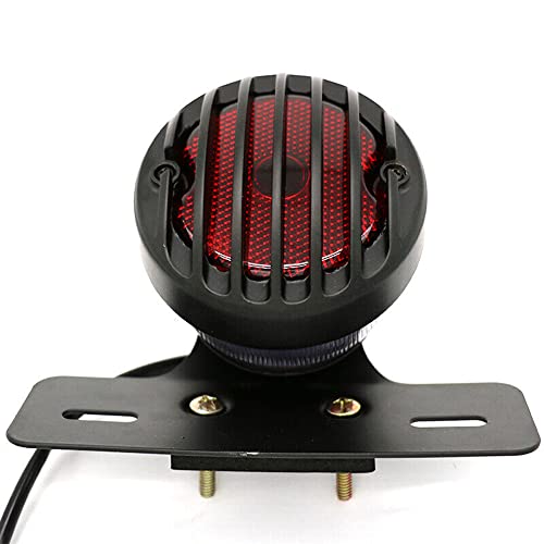 Motorcycle Black Grille Ribbed Round LED Tail Brake Light Red Lens For Integrated License Plate Lamp Fit Bobber Chopper Cruiser Street Bike - color: Black 5
