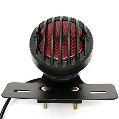 Motorcycle Black Grille Ribbed Round LED Tail Brake Light Red Lens For Integrated License Plate Lamp Fit Bobber Chopper Cruiser Street Bike - color: Black 5