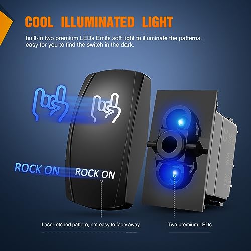 Nilight Rock On Rocker Switch Led Light Bar 5 Pin Laser ON/Off SPST switches 20A/12V 10A/24V Blue with Jumper Wires Set for Cars Trucks Boats ATVs UTVs RVs - size: ROCK ON