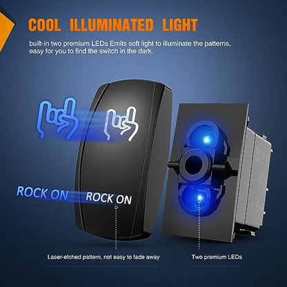 Nilight Rock On Rocker Switch Led Light Bar 5 Pin Laser ON/Off SPST switches 20A/12V 10A/24V Blue with Jumper Wires Set for Cars Trucks Boats ATVs UTVs RVs - size: ROCK ON