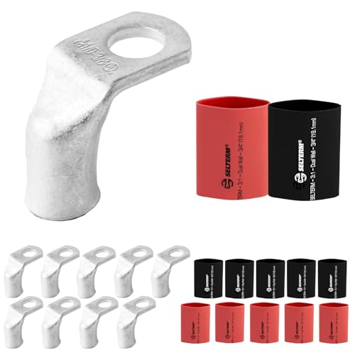SELTERM 10pcs - 1/0 AWG 3/8" Stud 90° Bent Battery Lugs - Ring Terminal Connectors with 12pcs 3:1 Black & Red 3/4" Heat Shrink Tubing - Heavy Duty Battery Cable Ends - Tinned Copper Wire Connector Kit - color: 90° Bent Lugs, size: 1/0 Awg - 3/8" (M10) Rin