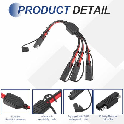 MECCANIXITY SAE Y Splitter Cable, 10AWG Extension Cord Splitter 1 to 3 SAE Connector Extension Cable 0.8 ft with Waterproof Caps & Polarity Reverse Adapter for Solar Panel Battery Charger - size: 10AWG, 0.8 ft