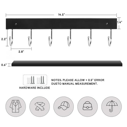 2 Pack Coat Rack Wall Mount with 12 Rotating 180° Coat Hooks, 14.6" Rustproof Wooden Entryway Organizer, Wall Hooks for Hanging Coats, Purse, Hats, Jackets, Towels, Space Saving Hanger (Black) - color: Black