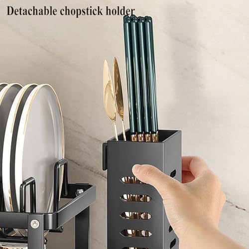 2-Tier Dish Drying Rack with 360° Rotating Drainage, Detachable Utensil Holder , Rust-Resistant Carbon Steel Dish Drainer for Kitchen Counter - color: Black