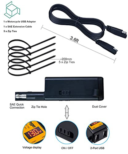 Motorcycle USB Charger, Mroinge 4.8A SAE to USB Adapter with Voltmeter & Ammeter, Quick Disconnect Plug with Dual USB Charger Perfect for Smart Device Charging, with ON/Off Switch - size: 4.8A @ 5V