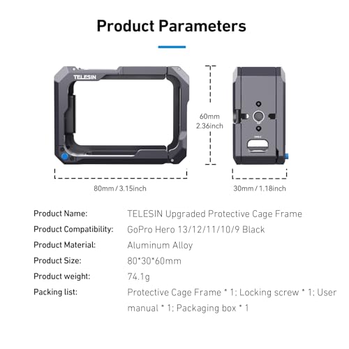 TELESIN Upgraded Aluminum Alloy Cage Frame Housing for Go Pro 13 12 11 10 9 Black, Supports Go Pro 13 Quick-Release System, with 1/4" Thread & Cold Shoe for Video Light Microphone for Hero Accessories