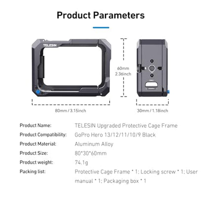 TELESIN Upgraded Aluminum Alloy Cage Frame Housing for Go Pro 13 12 11 10 9 Black, Supports Go Pro 13 Quick-Release System, with 1/4" Thread & Cold Shoe for Video Light Microphone for Hero Accessories