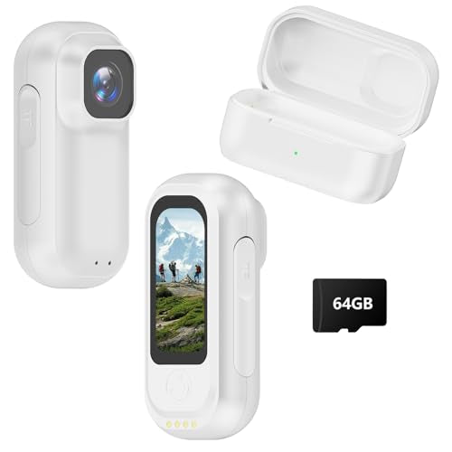 2K Wearable Mini Body Cam Thumb POV Loop Helmet Bike Motorcycle White | Thumb-Sized Action Cam, 1.47" LCD, 64G SD & 1800mAh Charging Case, Recording for Outdoor Riding - color: White, size: 64GB