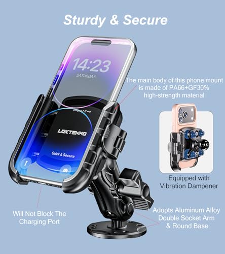 LOKTENWO Anti Vibration Phone Mount, 1s Lock & Release Phone Holder with Shock Dampener, Camera Friendly Aluminum AMPS Round Base Medium Arm for Car Motorcycle UTV Truck Boat, Fits 5.4"-7.2" Phones