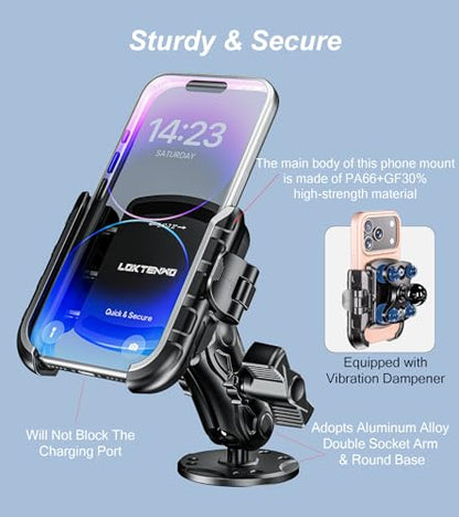 LOKTENWO Anti Vibration Phone Mount, 1s Lock & Release Phone Holder with Shock Dampener, Camera Friendly Aluminum AMPS Round Base Medium Arm for Car Motorcycle UTV Truck Boat, Fits 5.4"-7.2" Phones
